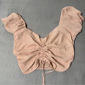 Tan Ruched Front Puff Sleeve Women's Top